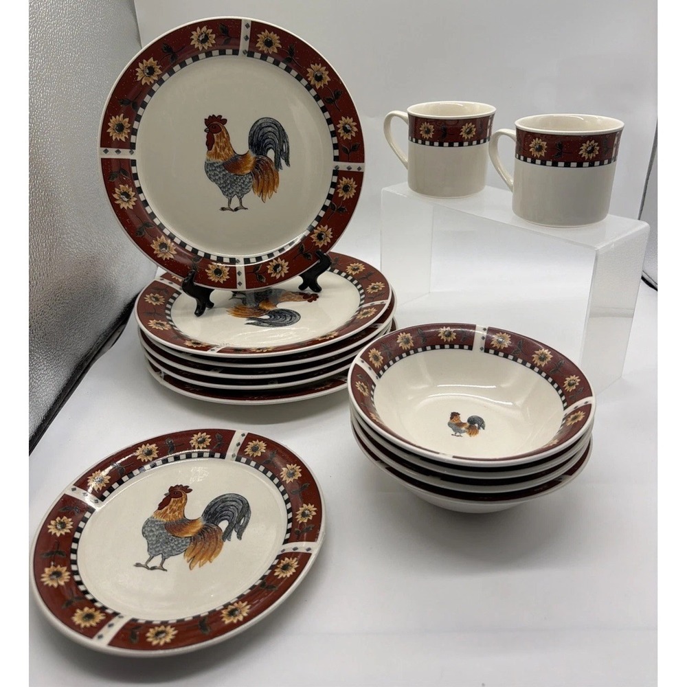 Gibson Brewster Everyday China Rooster Plate, Mug, Bowl Set Of 13